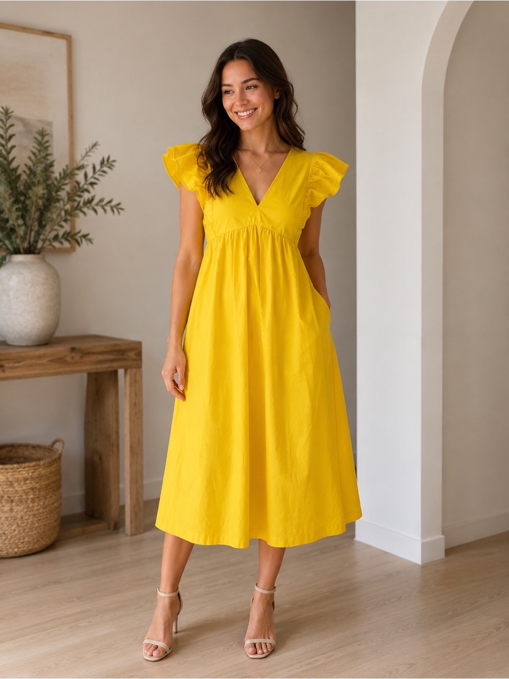 Maeve V-Neck Flutter Sleeve Midi Dress